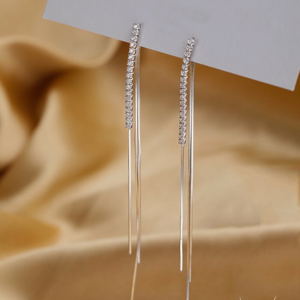 #NEW 925 Sterling Silver Diamond Chain Drop Earrings - Picture 7 of 8